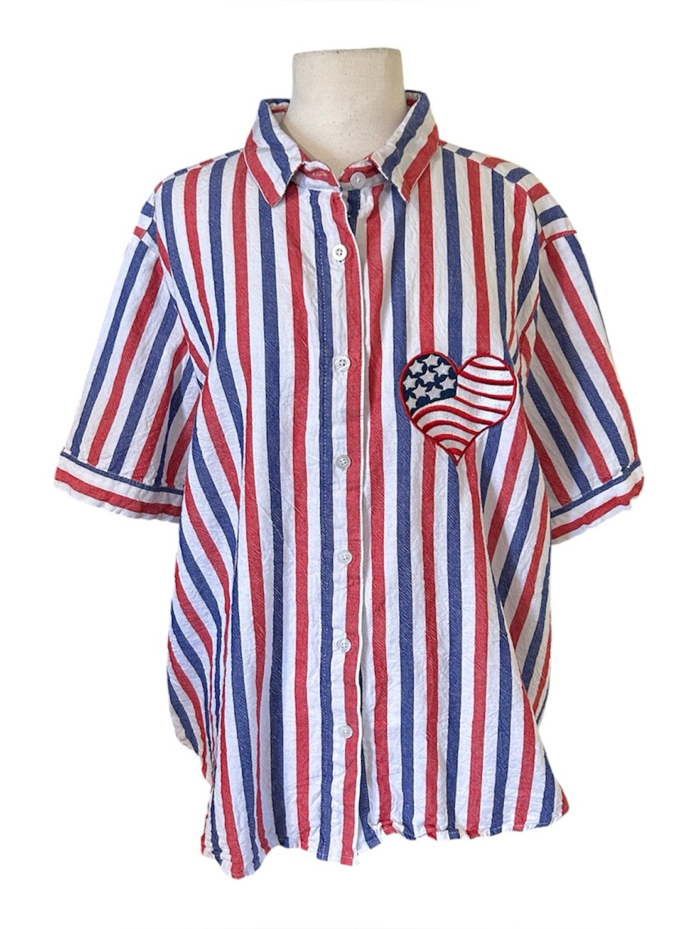 Country Store Womens 3X Button Up Top Western Stripes Red White Blue Heart Farm